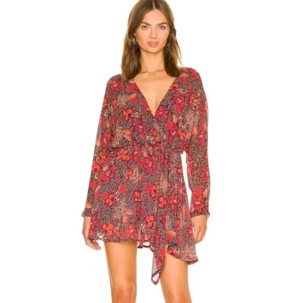 Free People Women's Peach Combo Floral V-Neck Long Sleeve Teegan Mini Dress Sz M - Picture 1 of 6